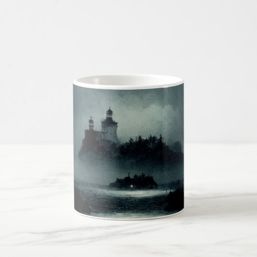 Fantasy Island Lighthouse Misty Foggy Dark Night Koffiemok (Center)