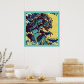 Fantasy Kaiju Anime - Houtsnede 1 Poster (Keuken)