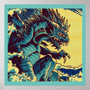 Fantasy Kaiju Anime - Houtsnede 1 Poster