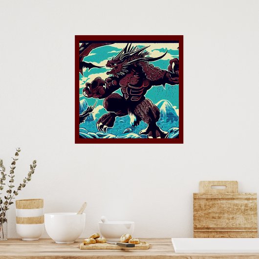 Fantasy Kaiju Anime - houtsnede 3 Poster (Keuken)