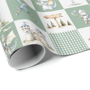Fantasy kasteel met draken en ridders baby jongen cadeaupapier