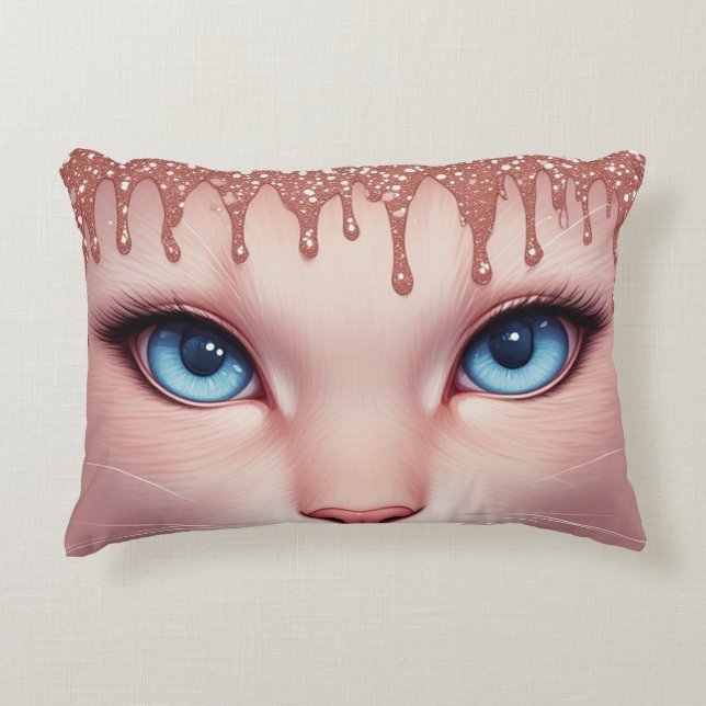 Fantasy Kat Blauwe Ogen Met Rose Goud Druppelend Accent Kussen (Voorkant)