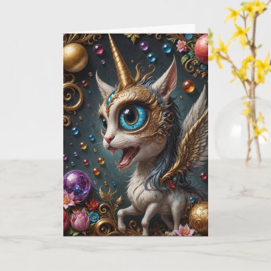 Fantasy kat eenhoorn, verjaardag kaart (Gele Bloem)