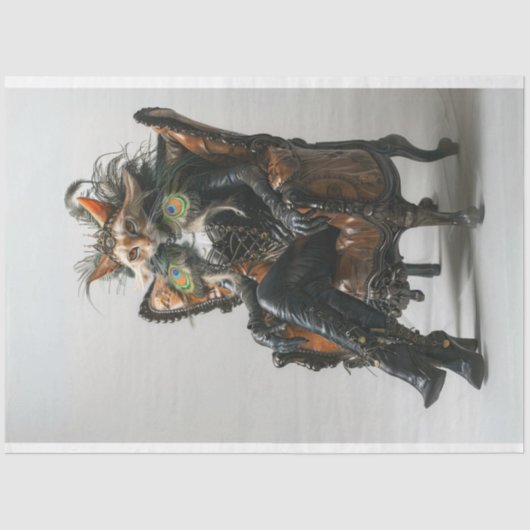 Fantasy kat in leer Peacock Decoupage Tissuepapier (Voorkant)