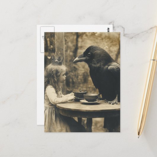 Fantasy Kind en Raven Tea Party in Sepia Briefkaart (Voorkant / Achterkant in situ)