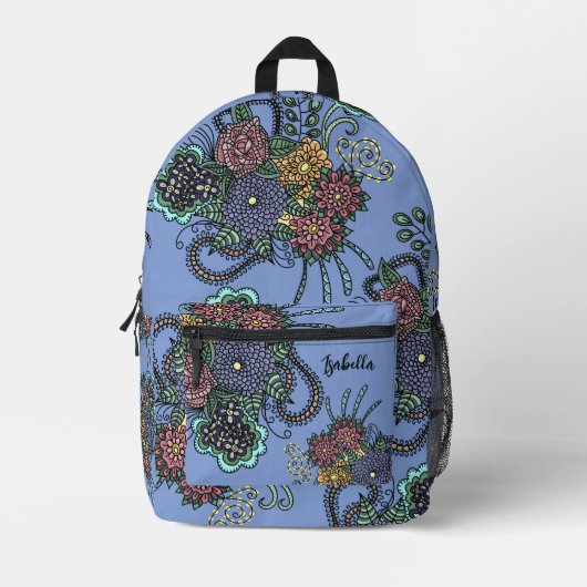 Fantasy Kleurrijke Doodle Flowers op Paarse Lavend Bedrukte Rugzak (Voorkant)