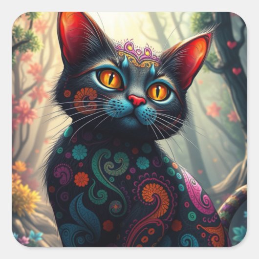 Fantasy Kleurrijke Kat Stickers (Voorkant)