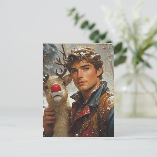 Fantasy Knap man en rendier kerst Briefkaart (Staand voorkant)