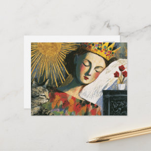 Fantasy Koningin en Haar Kat in Bed Briefkaart