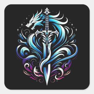 Fantasy krijger mystieke drakenzwaard vlam vierkante sticker
