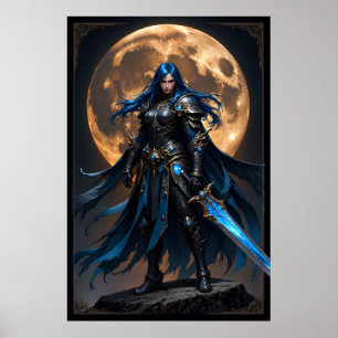 Fantasy krijger vrouw met blauwe haren en een gloe poster