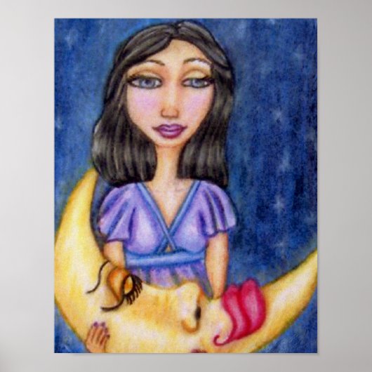 Fantasy Lady Holding Slapende Crescent Moon Poster (Voorkant)