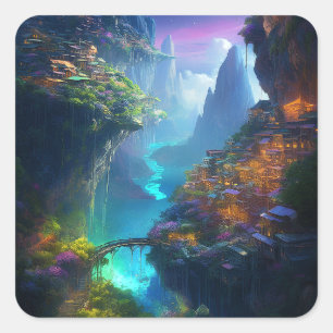 Fantasy Landscape Colorful Surreal Vierkante Sticker