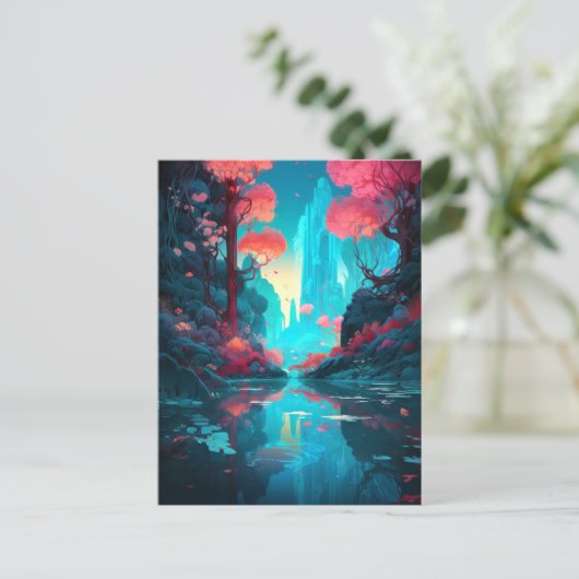 Fantasy Landscape Forest Pink Blue Briefkaart (Staand voorkant)