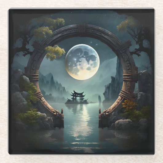 Fantasy Landscape Moon, Round Arch Glass Onderzett Glazen Onderzetter (Voorkant)