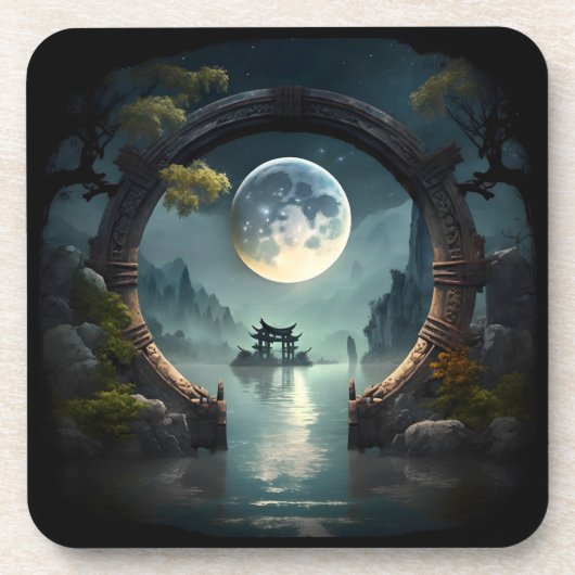 Fantasy Landscape Moon, Round Arch Plastic Onderze Bier Onderzetter (Voorkant)