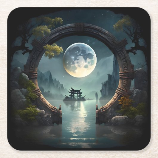 Fantasy Landscape Moon, Round Arch Square Onderzet Kartonnen Onderzetters (Voorkant)