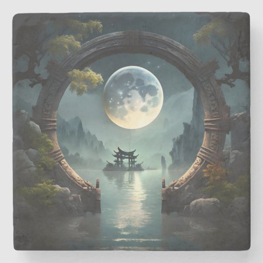 Fantasy Landscape Moon, Round Arch Stone Onderzett Stenen Onderzetter (Voorkant)