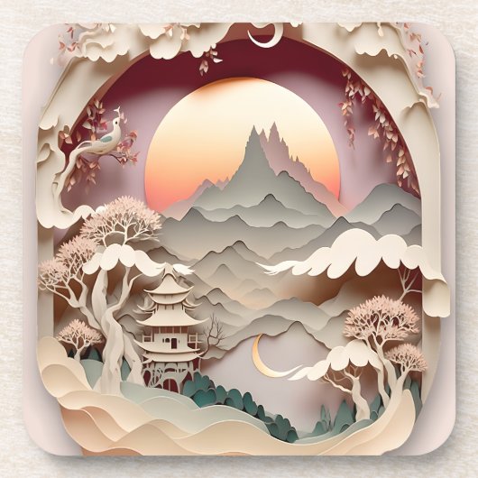 Fantasy Landscape Paper Cut Hard Plastic Onderzett Bier Onderzetter (Voorkant)