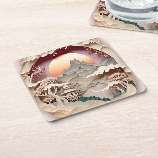 Fantasy Landscape Paper Cut Square Paper Onderzett Kartonnen Onderzetters (Schuin)