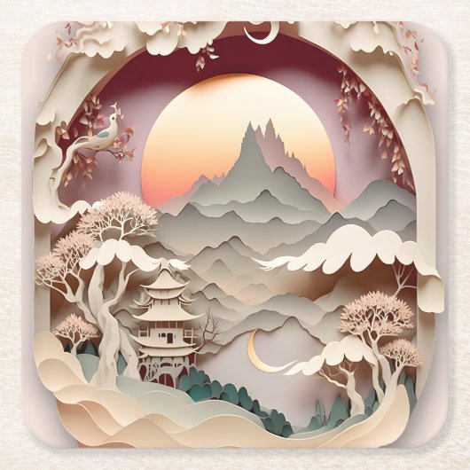 Fantasy Landscape Paper Cut Square Paper Onderzett Kartonnen Onderzetters (Voorkant)
