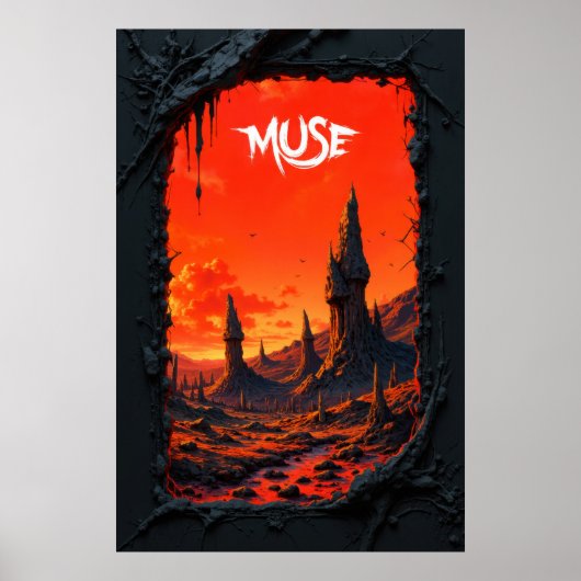 Fantasy landscape with fiery sky and towering poster (Voorkant)