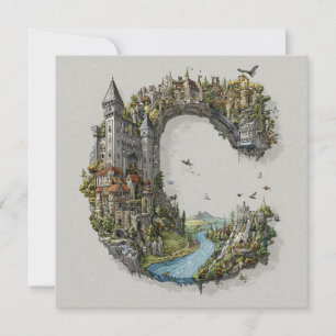 Fantasy Letter C met kastelen in de lucht sprookje Feestdagenkaart