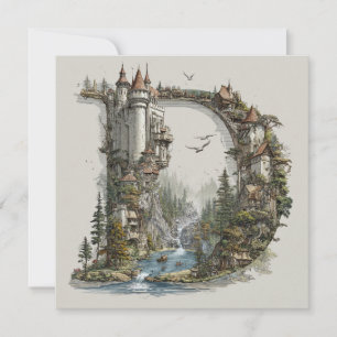 Fantasy Letter D met kastelen in de lucht prentenb Feestdagenkaart