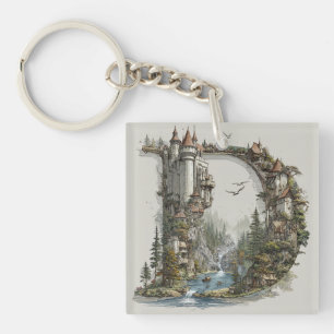 Fantasy Letter D met kastelen in de lucht sprookje Sleutelhanger