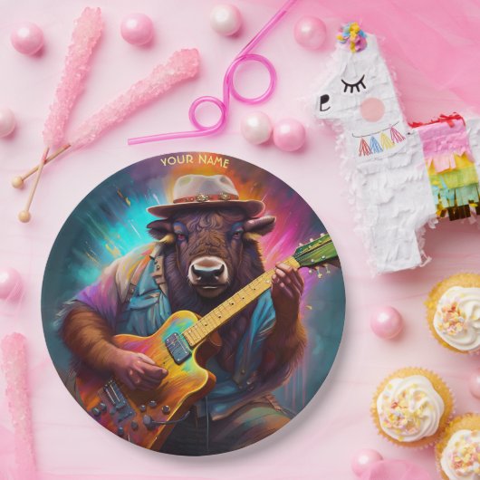 Fantasy Leuke Bizon Spelen Gitaar Papieren Bordje (Feest)