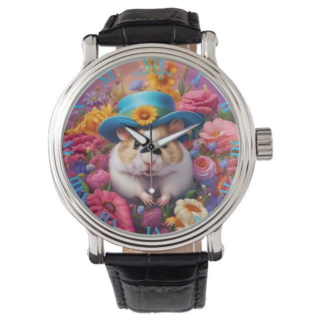 Fantasy Leuke Hamster Pet Bloemen Horloge (Voorkant)