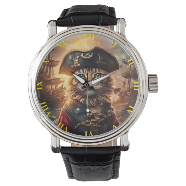 Fantasy Leuke Kat Pirate Pet Horloge (Voorkant)