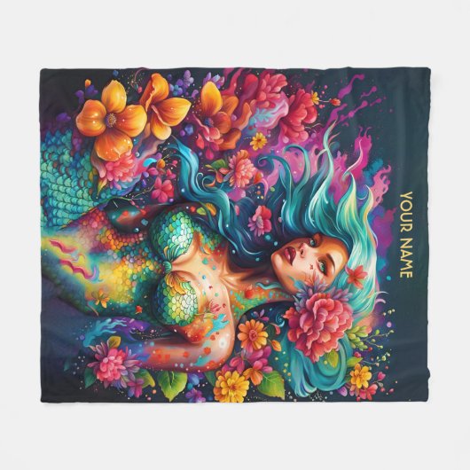 Fantasy Leuke Zeemeermin Pet Bloemen Fleece Deken (Voorkant (Horizontaal))