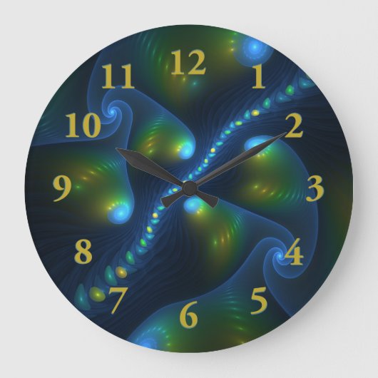 Fantasy Lights Abstract Blauw Groen Geel Fractal Grote Klok (Voorkant)