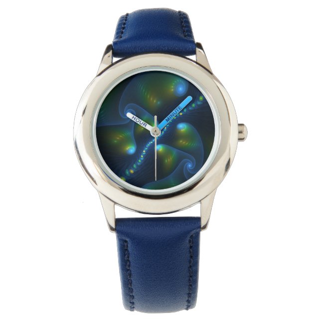 Fantasy Lights Abstract Blauw Groen Geel Fractal Horloge (Voorkant)