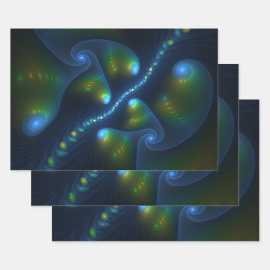 Fantasy Lights Abstract Blauw Groen Geel Fractal Inpakpapier Vel (Set)