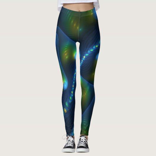 Fantasy Lights Abstract Blauw Groen Geel Fractal Leggings (Voorkant)