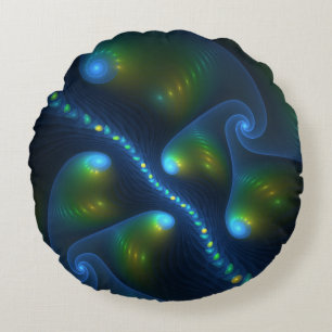Fantasy Lights Abstract Blauw Groen Geel Fractal Rond Kussen