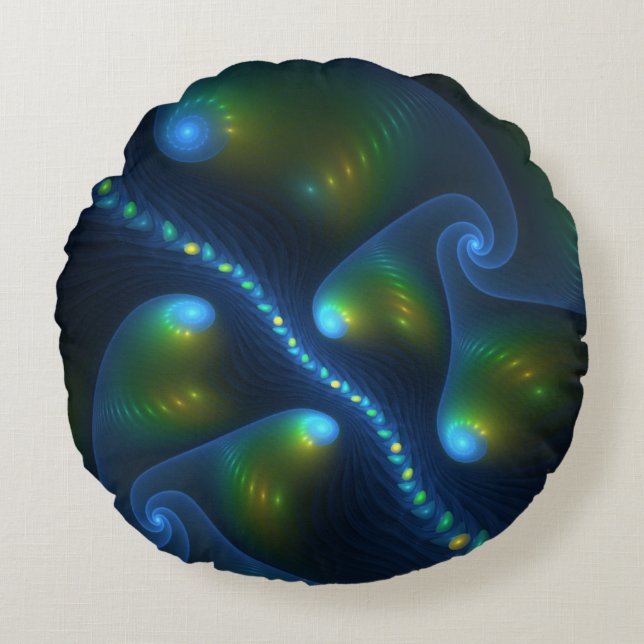 Fantasy Lights Abstract Blauw Groen Geel Fractal Rond Kussen (Voorkant)