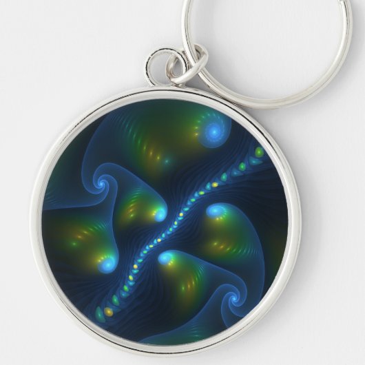 Fantasy Lights Abstract Blauw Groen Geel Fractal Sleutelhanger (Voorkant)