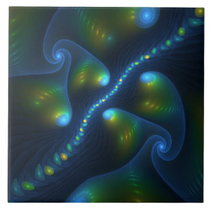 Fantasy Lights Abstract Blauw Groen Geel Fractal Tegeltje