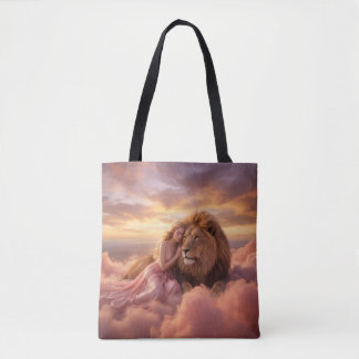 Fantasy Lion and Woman in Clouds Tote Bag