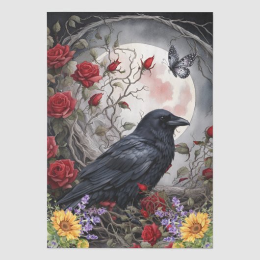 Fantasy Maan, Raaf & Rode Rozen & Zonnebloemen Tissuepapier (Voorkant)