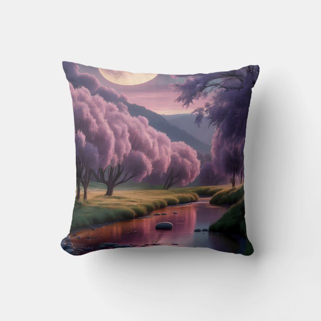 Fantasy maanverlichte rivier droomlandschap illust kussen (Voorkant)
