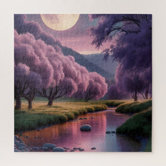 Fantasy maanverlichte rivier droomlandschap illust legpuzzel (Verticaal)