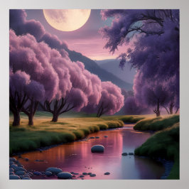 Fantasy maanverlichte rivier droomlandschap illust poster