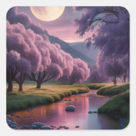 Fantasy maanverlichte rivier droomlandschap illust vierkante sticker