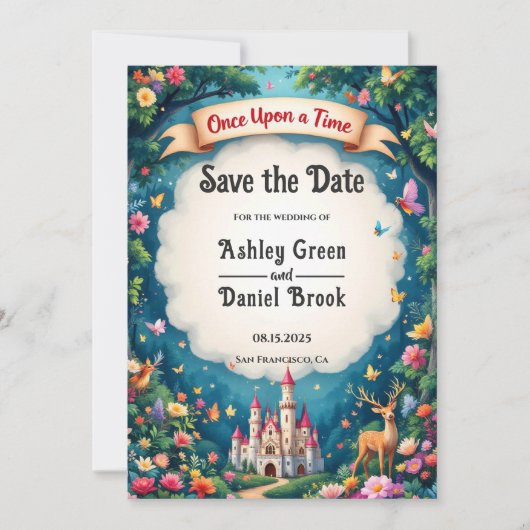 Fantasy Magische Woodland Castle Sprookjeshuwelijk Save The Date (Voorkant)