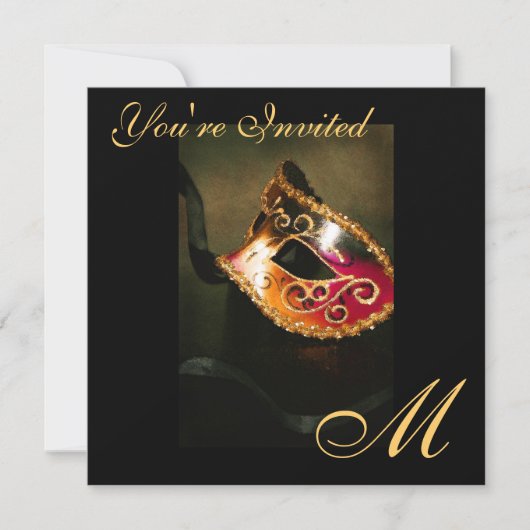 Fantasy Masquerade Mask Monogram Gold Invitation Kaart (Voorkant)