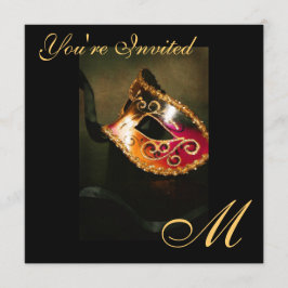 Fantasy Masquerade Mask Monogram Gold Invitation Kaart